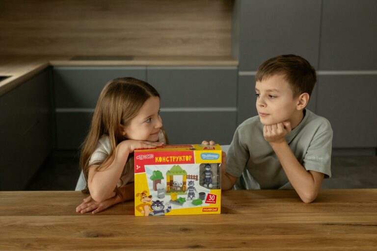 Two children interacting with a building block toy set indoors, fostering creativity and play.